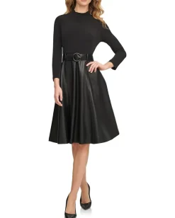 Women Calvin Klein Matte Jersey Pu Leather Belted Aline Combo