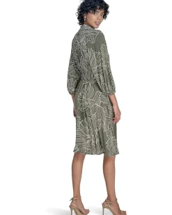 Calvin Klein Matte Jersey Puff Sleeve Self Tie Aline Caper/Antiqe White Hot