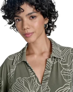 Calvin Klein Matte Jersey Puff Sleeve Self Tie Aline Caper/Antiqe White Hot