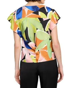 NIC+ZOE Mega Blooms Flutter Woven Top Green Multi