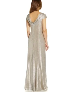 Adrianna Papell Metallic Knit Drape Neck Gown Alabaster Hot