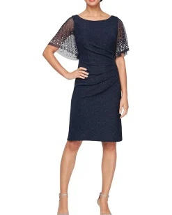 Alex Evenings Metallic Knit Short Dress with Embellished Flutter Sleeve Dark Navy New