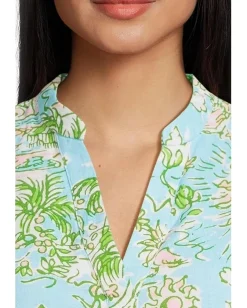 Lilly Pulitzer Mialeigh Elbow Sleeve Linen Fresh Water Blue Sunbathers Bliss Clearance