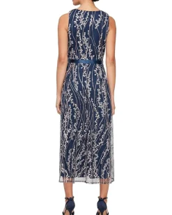 Alex Evenings Midi Length Embroidered Dress with Satin Tie Belt Navy/Pink Discount