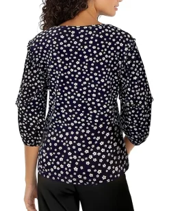 Liverpool Los Angeles Mid-length Ruffle Sleeve Scoop Neck Knit Top Navy/White Ditsy Online