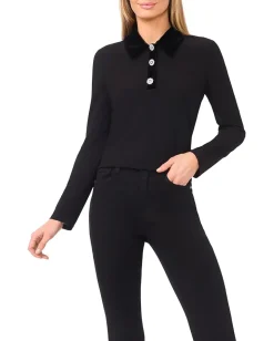 Women CeCe Mixed Media 1/2 Placket Collared Knit