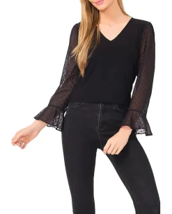 CeCe Mixed Media 3/4 Sleeve Knit Top Rich Black New