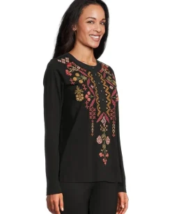 Johnny Was Mixed Media Henley T-shirt Black New