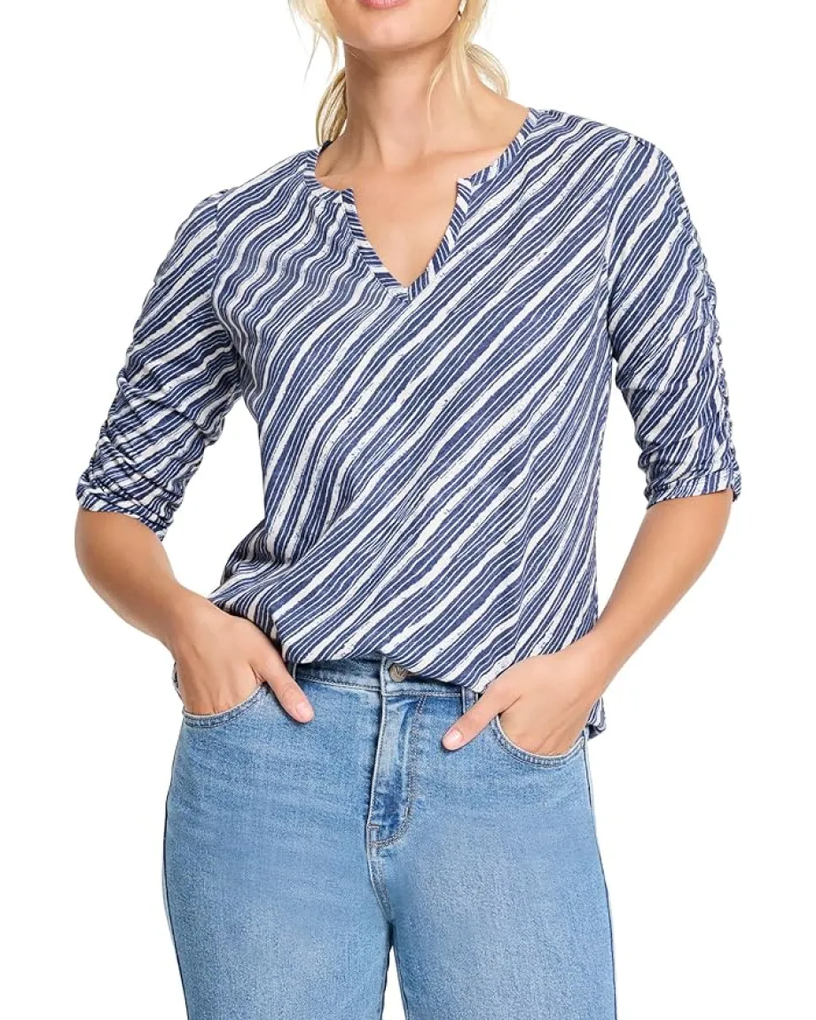 Women NIC+ZOE Mixed Stripe Ruched Sleeve Tee