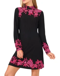 Women CeCe Mock Neck Border Print Dress