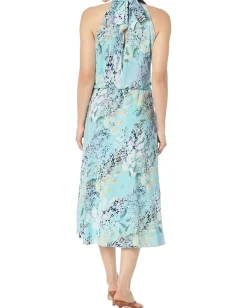 Adrianna Papell Mock Neck Printed Water Color Midi Dress Light Blue Multi Sale