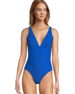 Tommy Bahama Ocean Point Over-the-Shoulder V-Neck One-Piece Beach Glass Blue Clearance