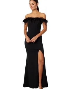 XSCAPE Off-the-Shoulder Long Scuba Crepe Feathers Black Online