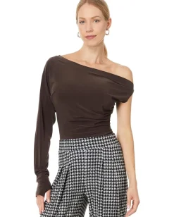 Norma Kamali One Sleeve Drop Shoulder Side Drape Top Chocolate Clearance