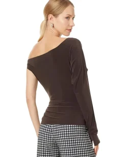 Norma Kamali One Sleeve Drop Shoulder Side Drape Top Chocolate Clearance
