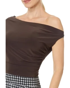 Norma Kamali One Sleeve Drop Shoulder Side Drape Top Chocolate Clearance