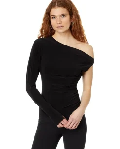 Women Norma Kamali One Sleeve Drop Shoulder Side Drape Top