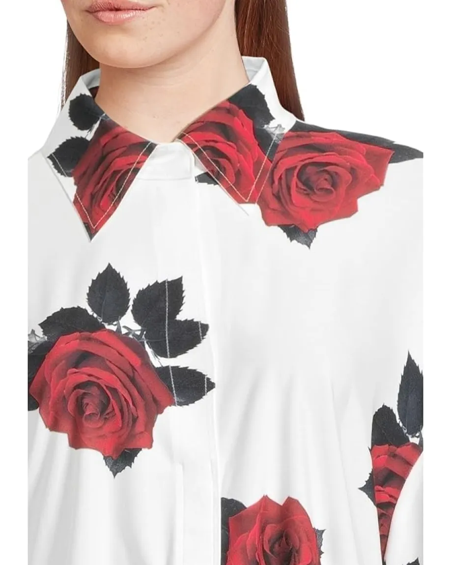 Norma Kamali Oversized Boyfriend Neck Shirt Shirred Bottom Mini Dress Red Rose New