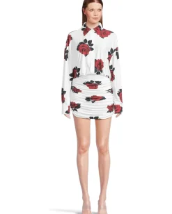 Norma Kamali Oversized Boyfriend Neck Shirt Shirred Bottom Mini Dress Red Rose New