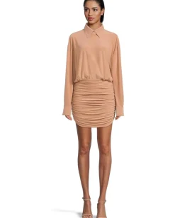 Norma Kamali Oversized Boyfriend NK Shirt Shirred Bottom Mini Dress Cappuccino Sale