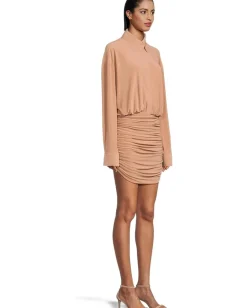 Norma Kamali Oversized Boyfriend NK Shirt Shirred Bottom Mini Dress Cappuccino Sale