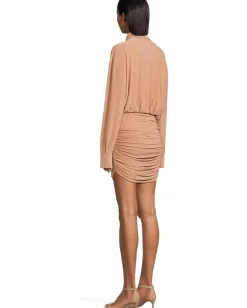 Norma Kamali Oversized Boyfriend NK Shirt Shirred Bottom Mini Dress Cappuccino Sale