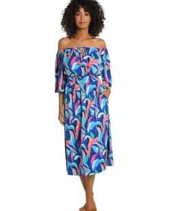 Women La Blanca Painted Leaves Off-the-Shoulder Midi Dress