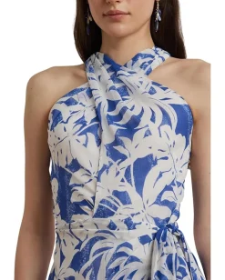 Lauren Ralph Lauren Palm-Frond-Print Georgette Halter Gown Blue/White Outlet