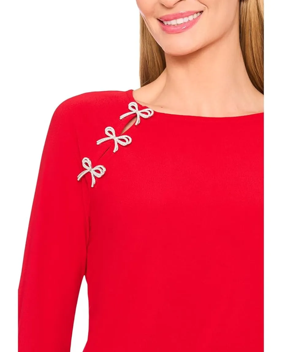 CeCe Pearl Bow Applique Long Sleeve Knit Top Luminous Red Online