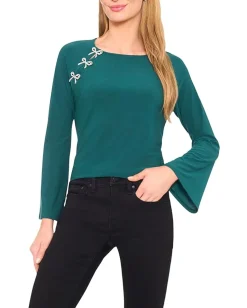 Women CeCe Pearl Bow Applique Long Sleeve Knit Top