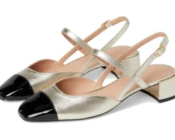 Cole Haan Pella Block Heel Slings Soft Gold Leather/Black Patent Leather New