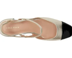 Cole Haan Pella Block Heel Slings Soft Gold Leather/Black Patent Leather New