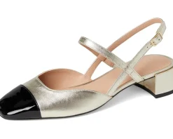 Cole Haan Pella Block Heel Slings Soft Gold Leather/Black Patent Leather New