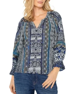 Liverpool Los Angeles Petite 3/4 Sleeve Button Front Woven Blouse Blue Shibori Multi Discount