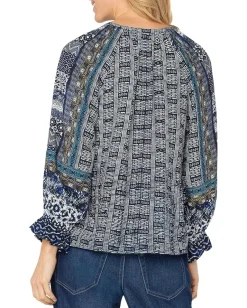 Liverpool Los Angeles Petite 3/4 Sleeve Button Front Woven Blouse Blue Shibori Multi Discount