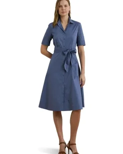 Lauren Ralph Lauren Petite Belted Cotton-Blend Shirtdress Capri Blue Clearance