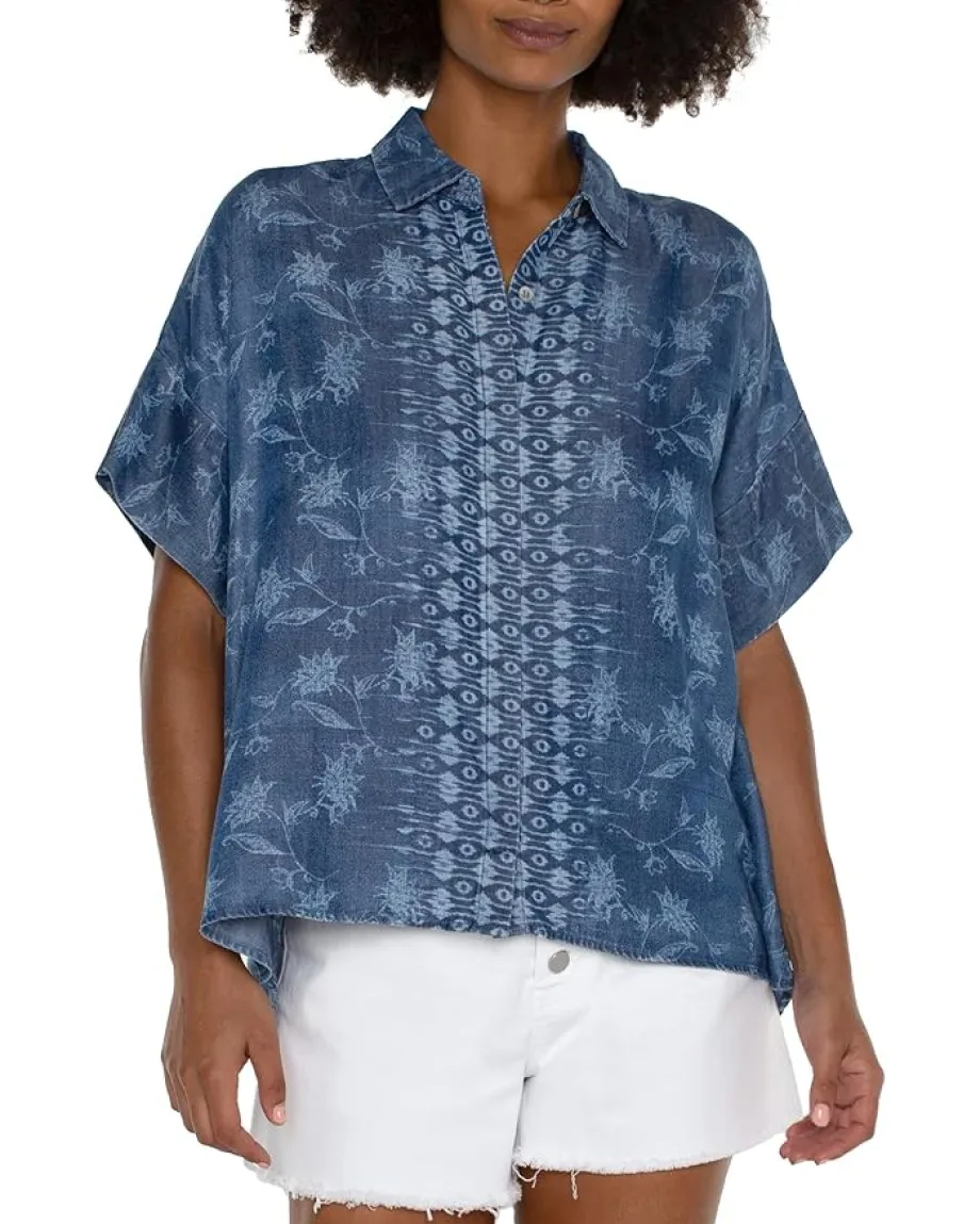 Liverpool Los Angeles Petite Collared Camp Shirt With Hi-low Hem Indigo Floral Online