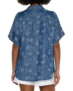 Liverpool Los Angeles Petite Collared Camp Shirt With Hi-low Hem Indigo Floral Online