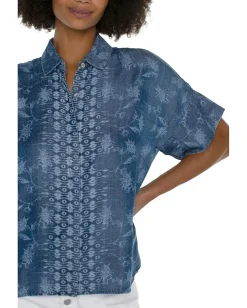 Liverpool Los Angeles Petite Collared Camp Shirt With Hi-low Hem Indigo Floral Online