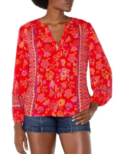 Liverpool Los Angeles Petite Long Sleeve Button Front Shirred Woven Blouse Red Orange Floral Best