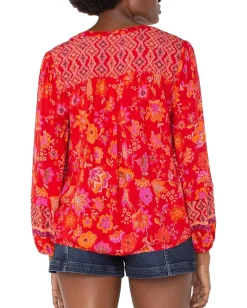 Liverpool Los Angeles Petite Long Sleeve Button Front Shirred Woven Blouse Red Orange Floral Best