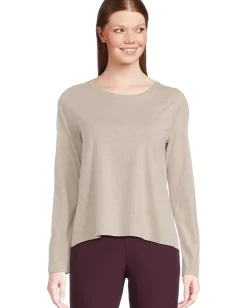 Women Eileen Fisher Petite Melange Fine Organic Cotton Jersey Round Neck Long Sleeve Tee
