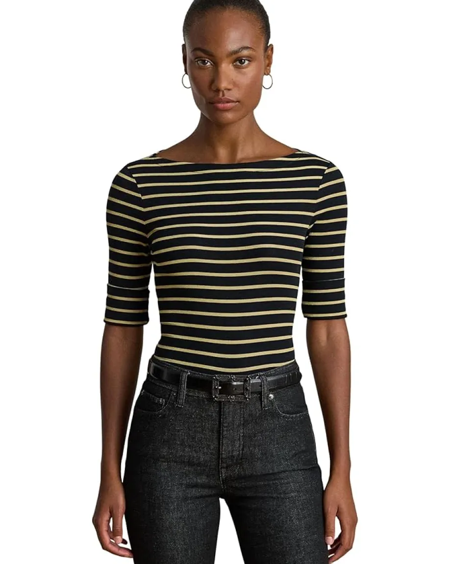 Lauren Ralph Lauren Petite Metallic Striped Boatneck Tee Black/Gold Metallic Best