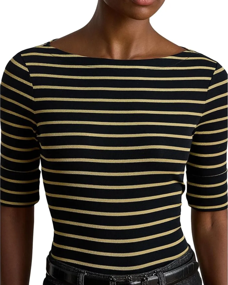 Lauren Ralph Lauren Petite Metallic Striped Boatneck Tee Black/Gold Metallic Best