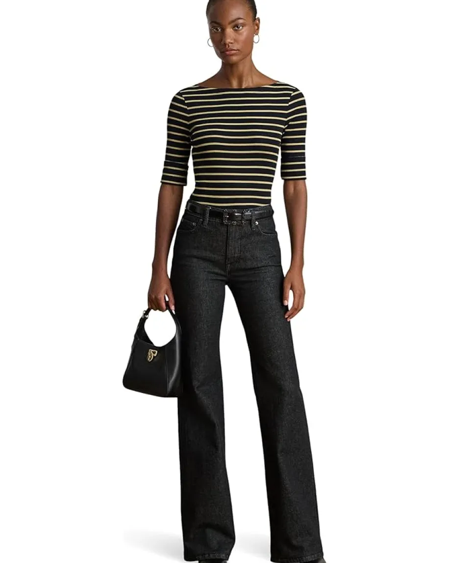 Lauren Ralph Lauren Petite Metallic Striped Boatneck Tee Black/Gold Metallic Best