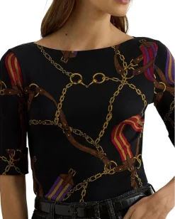 Women Lauren Ralph Lauren Petite Print Stretch Cotton Boatneck Tee