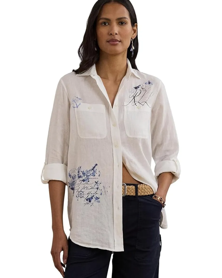 Lauren Ralph Lauren Petite Relaxed Fit Print Roll-Tab Sleeve Shirt White Online