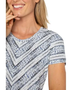Liverpool Los Angeles Petite Short Sleeve Scoop Neck Knit Top With Miter Front Indigo Ikat Stripe Outlet