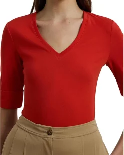 Lauren Ralph Lauren Petite Stretch Cotton Elbow-Sleeve V-Neck Tee Bright Vermilion Sale
