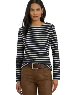 Lauren Ralph Lauren Petite Striped Jersey Snap-Trim Boatneck Top Lauren Navy/Mascarpone Cream Sale